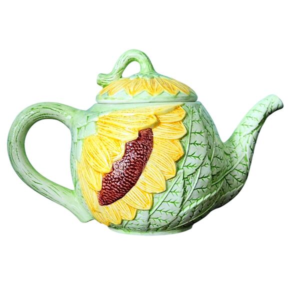 Vintage Seymour Mann Sunflower Teapot Hand Painted Faience Yellow Green Ceramic - Picture 4 of 10